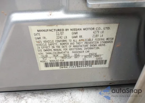 2008 Nissan Altima 2.5 S from USA, damaged, VIN 1N4AL21E28N454756